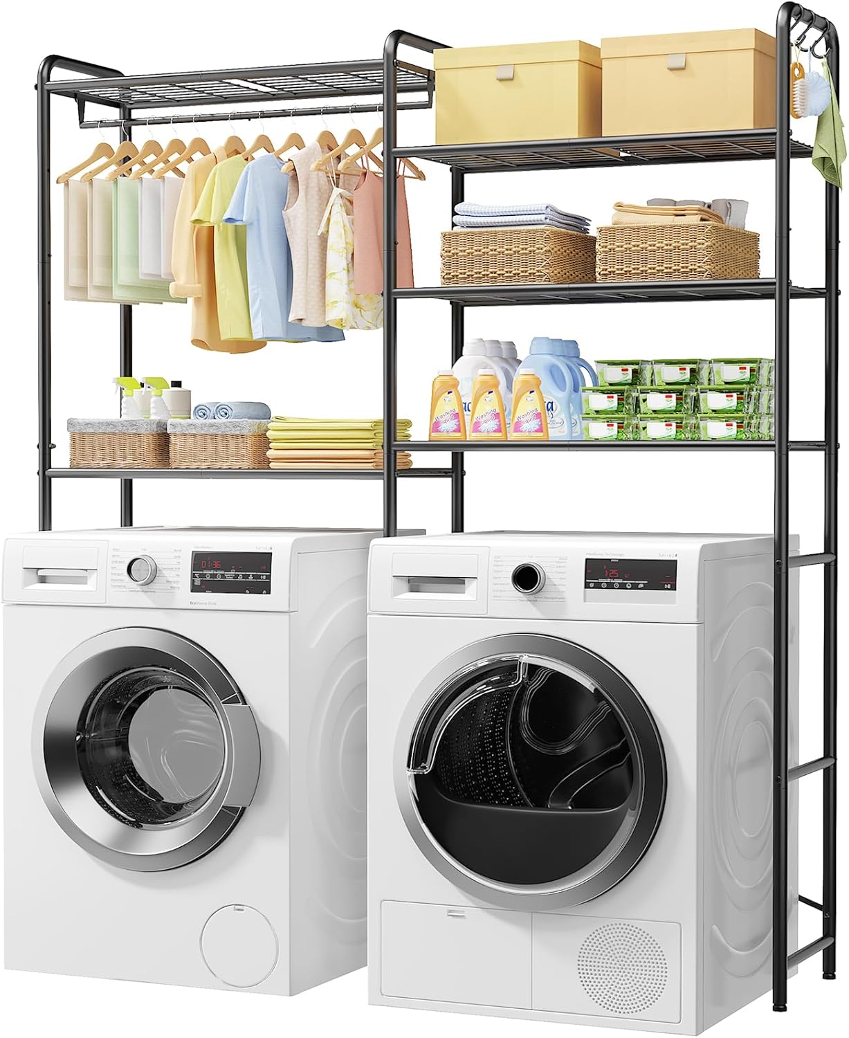 Kitsure Laundry Room Shelves - Multi-Functional Over Washer and Dryer Shelves with Hanging Bar & Removable Hooks, Space-Saving Organizer for Laundry Room, Kitchen, 58.4" W x 13.0" D x 70.9" H, Black