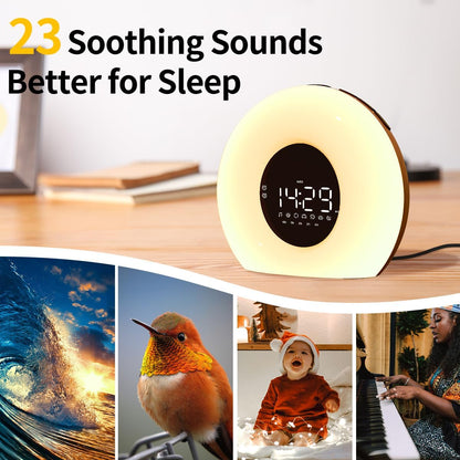 Wake Up Light Sunrise Alarm Clock for Bedroom Sunrise Sunset Simulation 23 Natural Sounds 13 Colors Night Light Dual Alarms and Snooze Sleep Aid for Heavy Sleepers Kids Adults (Wood Grain)