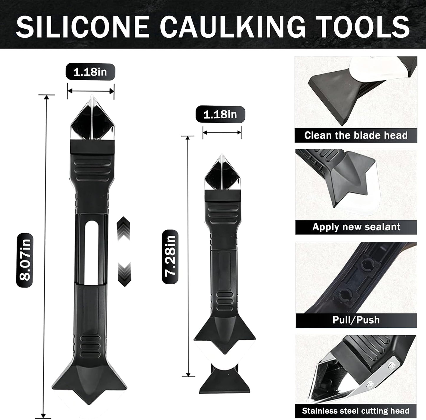 Caulk Remover Tool Set 3 in 1, Silicone Caulking Tool & Sealant Smoothing with 5 Interchangeable Pads, Non-Slip Push-Pull Design – for Bathroom, Kitchen, Tile,bathroom, Window, Sink