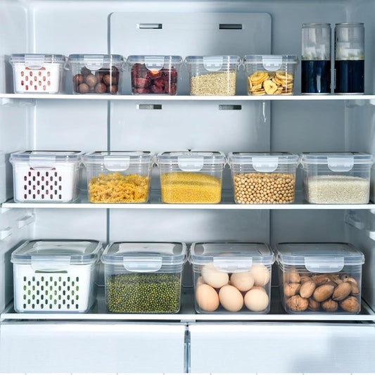 4 in 1 Food Storage Container with Lid, 2026 New Fruit Storage Containers for Fridge, Transparent Produce Storage Box with Drain Basket & Removable Colander for Salad Berry Vegetables (Blue, S/M/L)