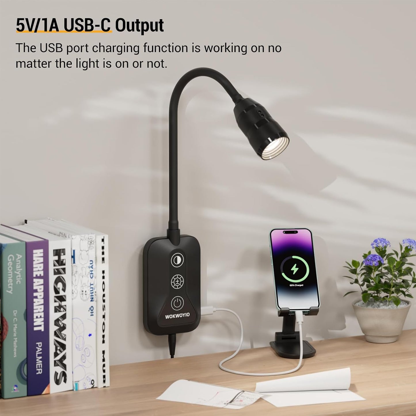 Wall Mounted Reading Light for Bed, Headboard Light with 360° Flexible Arm, Hand Wave Sensor, Focused 60° Beam, 5 Color Temperatures, Stepless Dimming, Memory Function, USB-C Output, Black 1 Pack