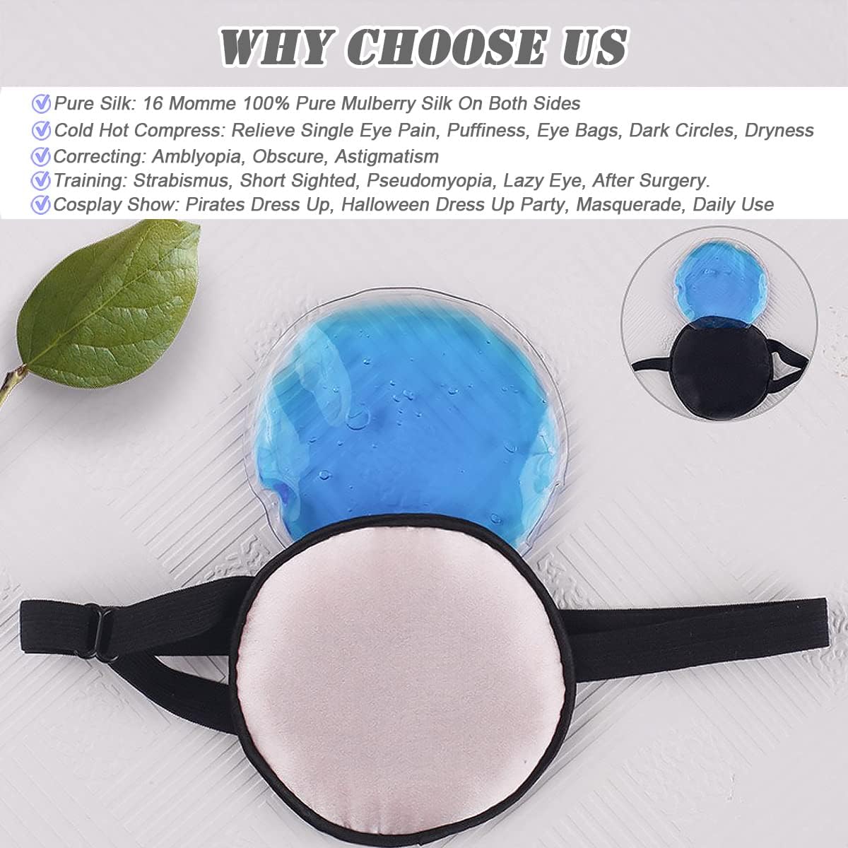 Cooling Eye Patches for Puffy Eyes, Pure Silk Ice Eye Patch, Single Eye Mask, Medical One Eye Cover Cold Hot Therapy Strabismus Lazy Eyes After Surgery Adult Kid Pirate Eyepatch (Black)