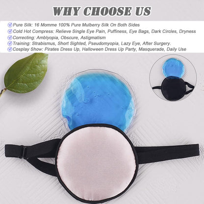 Cooling Eye Patches for Puffy Eyes, Pure Silk Ice Eye Patch, Single Eye Mask, Medical One Eye Cover Cold Hot Therapy Strabismus Lazy Eyes After Surgery Adult Kid Pirate Eyepatch (Black)