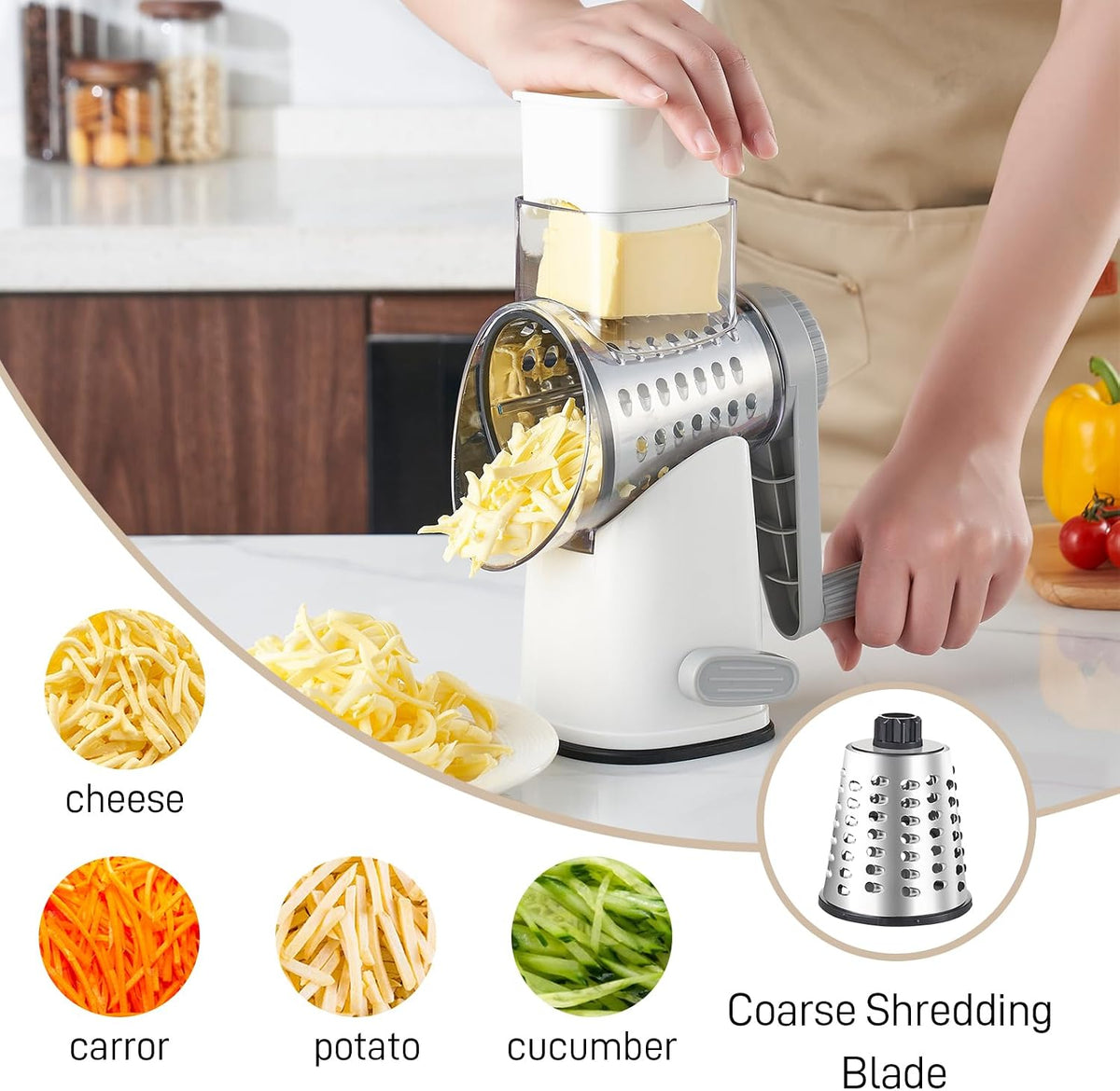 Weltonhm 4 in 1 Large Cheese Grater Hand Crank (White Grey 4 Graters)