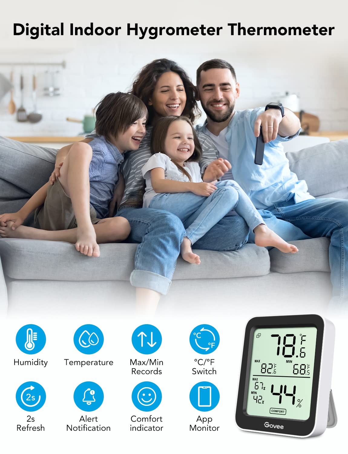 Govee Indoor Hygrometer Thermometer H5075 with Bluetooth App Control | Room Temperature Humidity Meter, 164ft Remote Monitor, Smart Alerts, 2 Years Data Storage Export, for Bedroom Wine Cellar