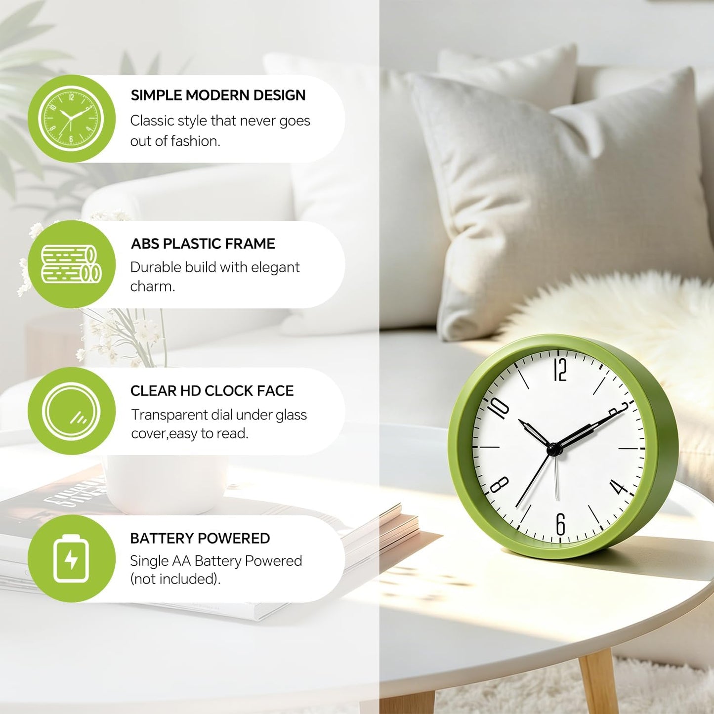 Silent Analog Loud Alarm Clock for Bedrooms, 4.5" Battery Operated Alarm Clock with Modern Round Design, Plastic Small Desk Clock for Heavy Sleepers Adults Teens Seniors College Dorms, Green
