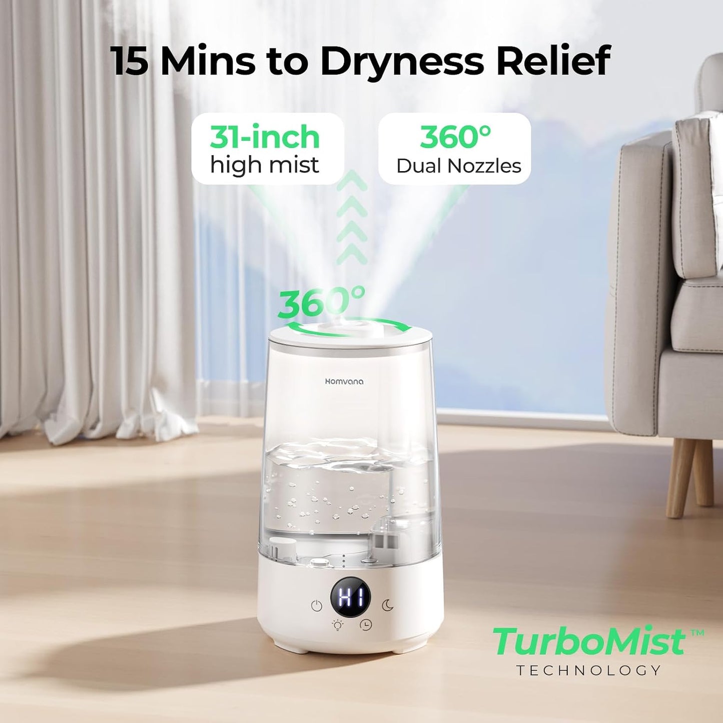 Homvana 3.6L Top-Fill Cool Mist Humidifiers for Bedroom, Large Room & Plants, 23dB Ultra-Quiet, Easy-to-Clean 2-in-1 Baby Humidifier & Oil Diffuser for Congestion Relief, Lasts Up to 4 Nights (Grey)