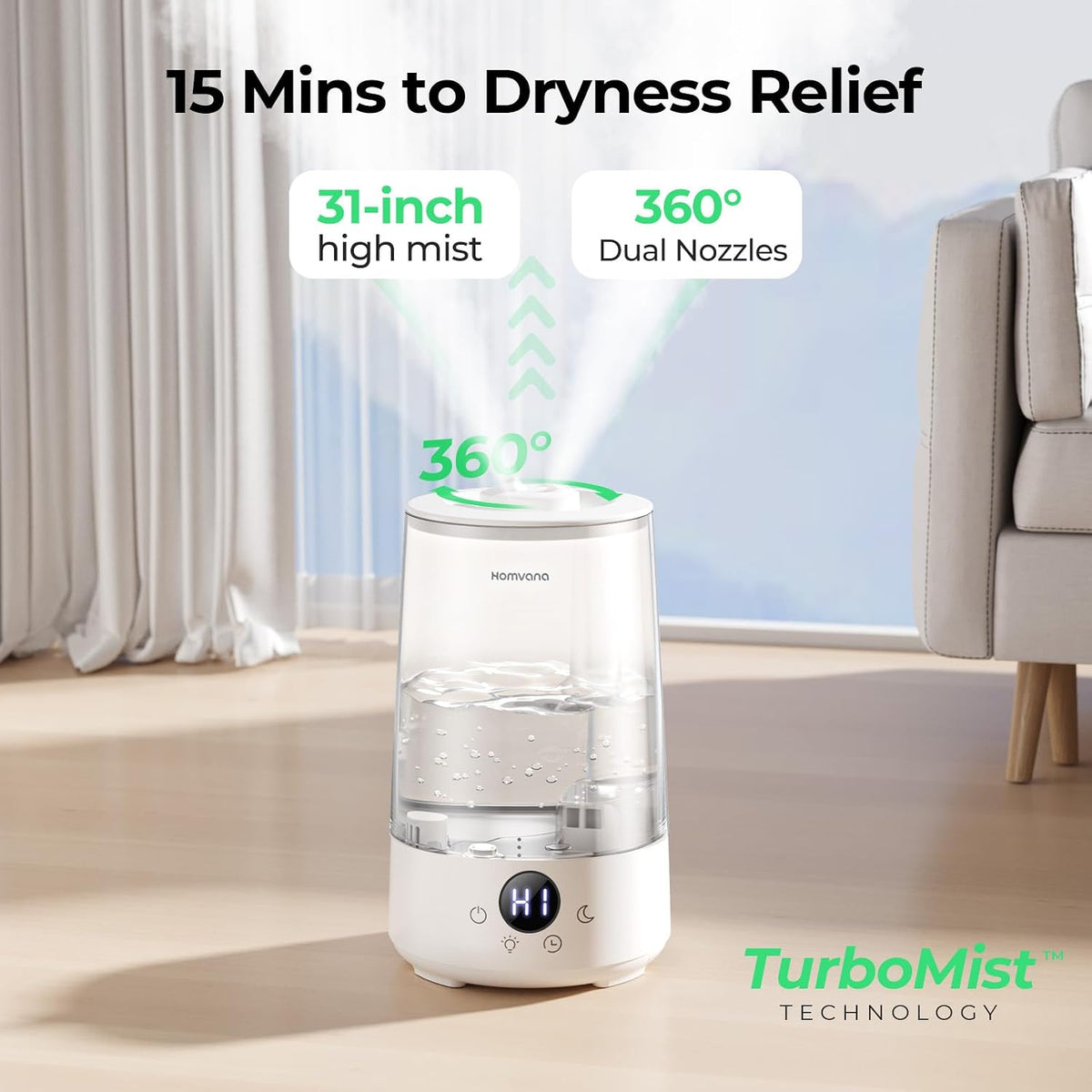 Homvana Top-Fill Cool Mist Humidifiers for Bedroom, Large Room(3.6L,Clear)