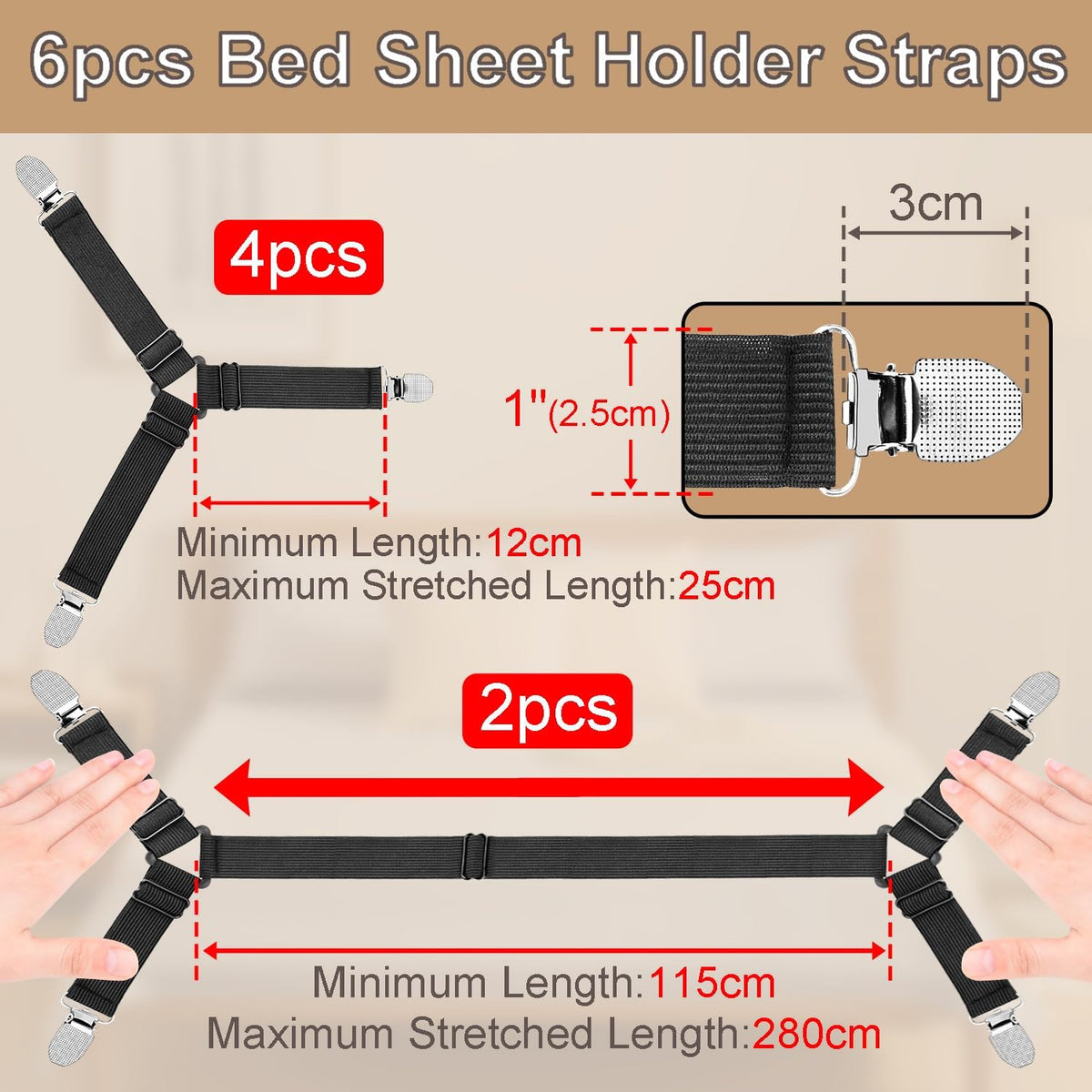 4 Pack Mattress Elastic Straps, Elastic Bed Sheet Holders for Corners Fitted Straps Clip Adjustable Bedsheet Grippers Mattress Sheet Corner Holders, Fitted Bedsheet Clip for Bedding Sofa Cover