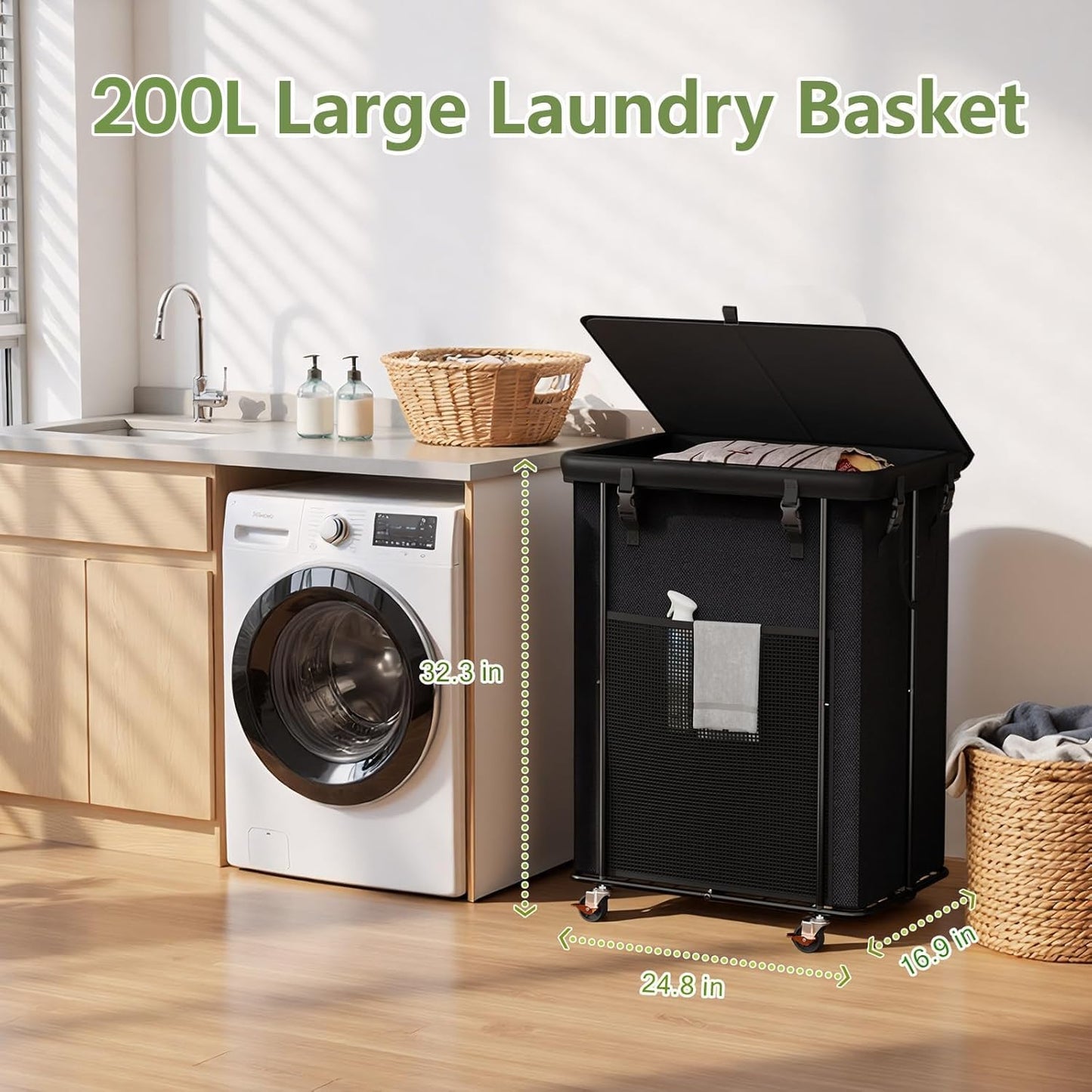 Laundry Hamper with Wheels, 150L Rolling Laundry Basket with Bag & Handles | Sturdy Metal Frame | Removable Bag | Large & Tall Dirty Clothes Hampers for Laundry Room, Bedroom, Dorm, Bathroom-Black