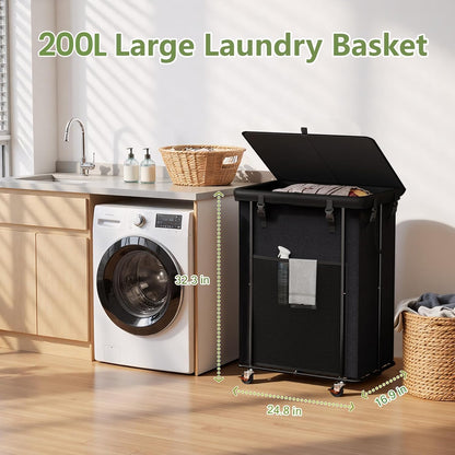 Laundry Hamper with Wheels, 150L Rolling Laundry Basket with Bag & Handles | Sturdy Metal Frame | Removable Bag | Large & Tall Dirty Clothes Hampers for Laundry Room, Bedroom, Dorm, Bathroom-Black