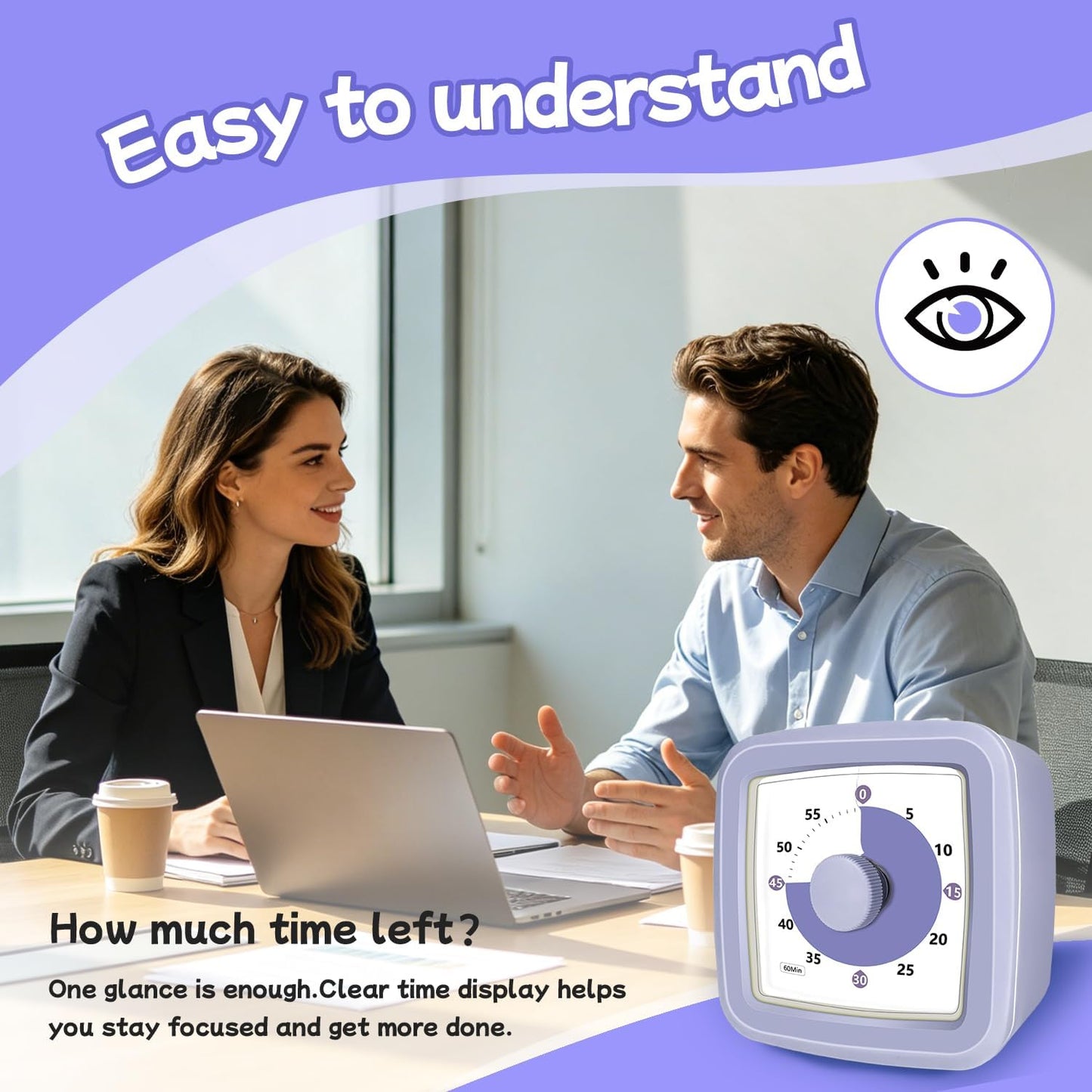 Visual Timer 60 Minute Timer Silent Countdown Clock – No Ticking, Gentle Ring with Mute Option, Timers for Kids Homework Classroom Management Kitchen Pasta, Adult Pomodoro & Deep Work, Purple