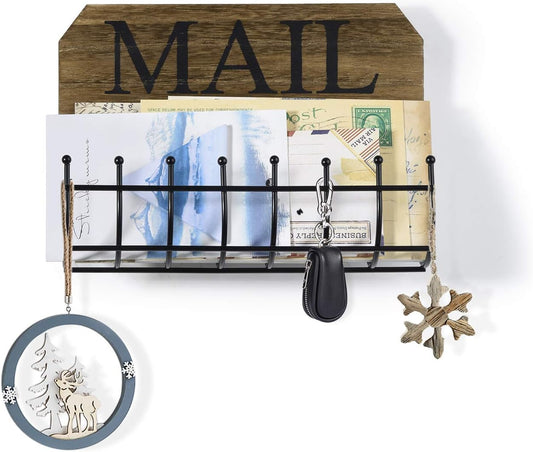 SRIWATANA Key Holder Wall Mount with 5 Hooks, Metal Mail Organizer, Black | Key Hooks for Wall, Mail Storage Basket, 10.8''L x 2.6''W x 4.5''H, Mail Holder for Wall for Home Office Entryway Hallway