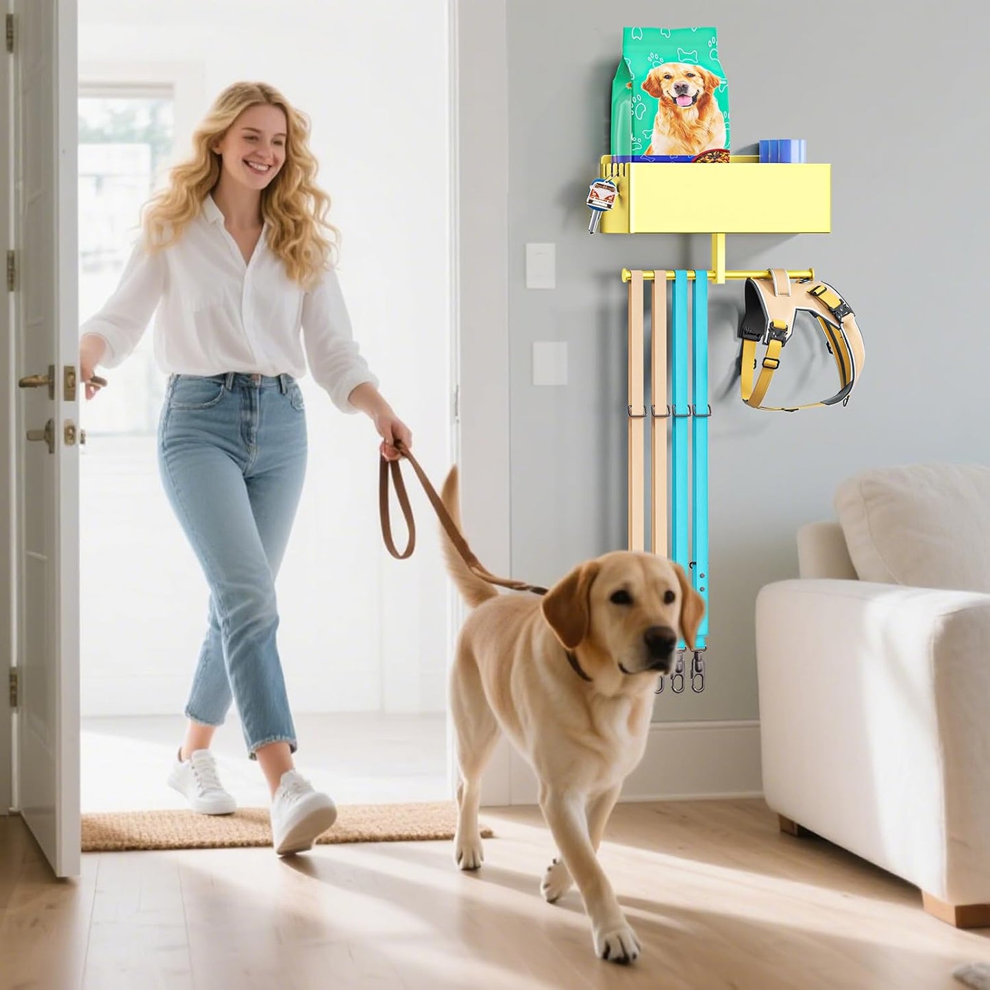 Dog Leash Holder for Wall, Dog Leash Hooks, Pet Stuff Organizer with Shelf Storage, Metal Key Holder, Leash Hangers Organizer Rack for Pet Collar, Toys, Treats, Poop Bag (Black)