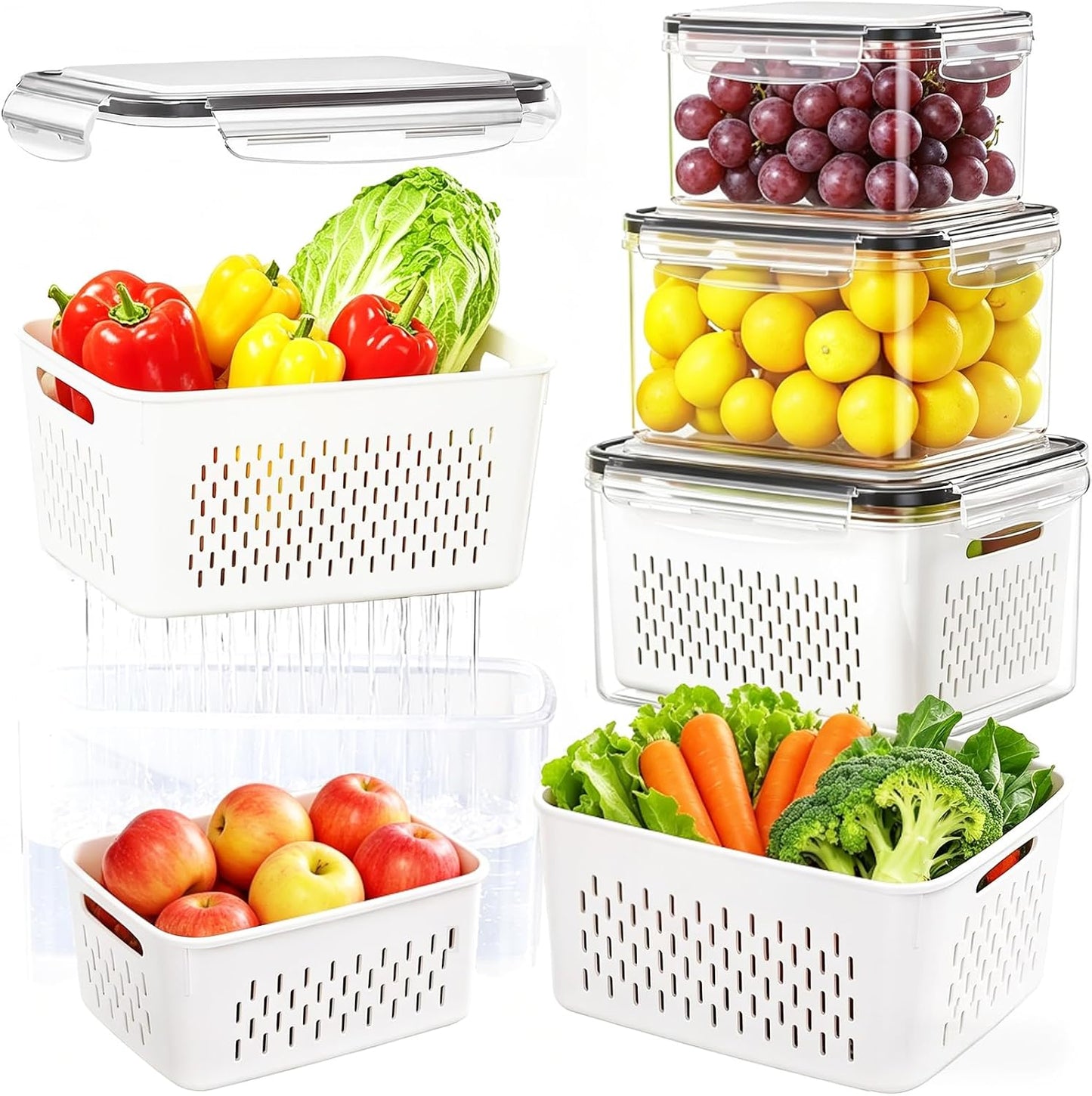 4 Plastic Sealed Freshness Boxes with Removable Filters, Fruits and Salads | 106 OZ (3.15L) + 57 OZ(1.7L) + 27 OZ(0.8L) + 13 OZ(0.38L), plastic, soaking, washing, draining, storage, stackable, nestable