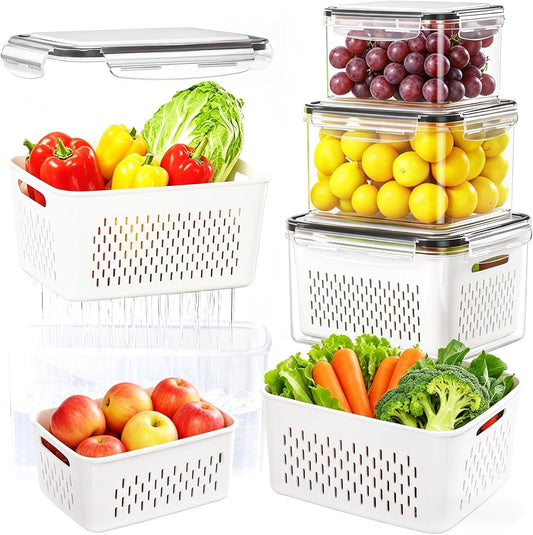 4 Plastic Sealed Freshness Boxes with Removable Filters, Fruits and Salads | 106 OZ (3.15L) + 57 OZ(1.7L) + 27 OZ(0.8L) + 13 OZ(0.38L), plastic, soaking, washing, draining, storage, stackable, nestable