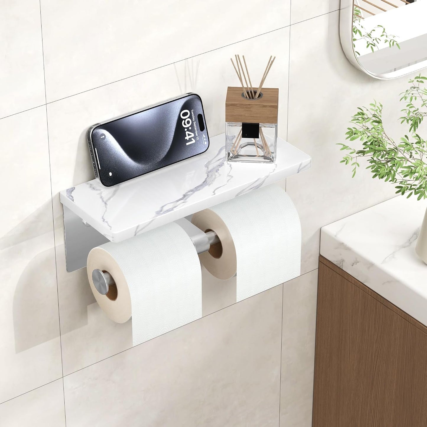 FORIOUS Toilet Paper Holder with Shelf, Natural Marble, Commercial | Brushed Nickel, Wall Mount 304 Stainless Steel Commercial Bathroom Tissue Roll Dispenser, Heavy Duty Washroom Paper Storage