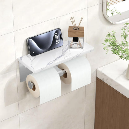FORIOUS Toilet Paper Holder with Shelf, Natural Marble, Commercial | Brushed Nickel, Wall Mount 304 Stainless Steel Commercial Bathroom Tissue Roll Dispenser, Heavy Duty Washroom Paper Storage