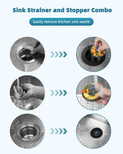 Universal 3 in 1 Kitchen Sink Drain Strainer Stopper Combo, Matte Black | Stainless Steel Shell Pop Up Sink Stopper for US Standard 3-1/2 inch Drain Filter, Anti-Clog and Easy Clean