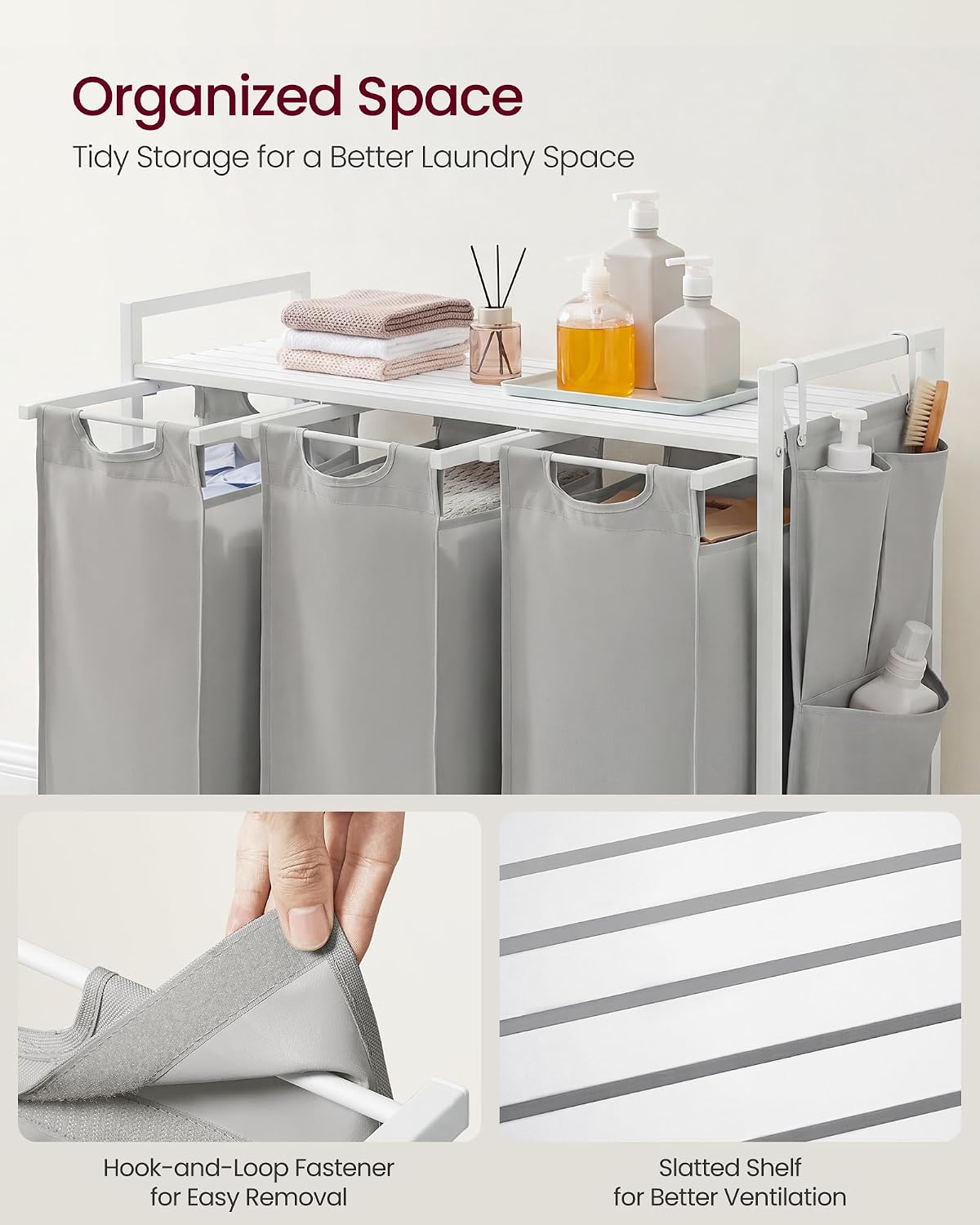 VASAGLE Laundry Hamper, Laundry Basket Sorter with 3 Pull-Out and Removable Bags, Shelf, Metal Frame, 3 x 10.6 Gallons (40 L), 36.4 x 13 x 28.4 Inches, Cappuccino Beige and Natural Beige UBLH301LH01