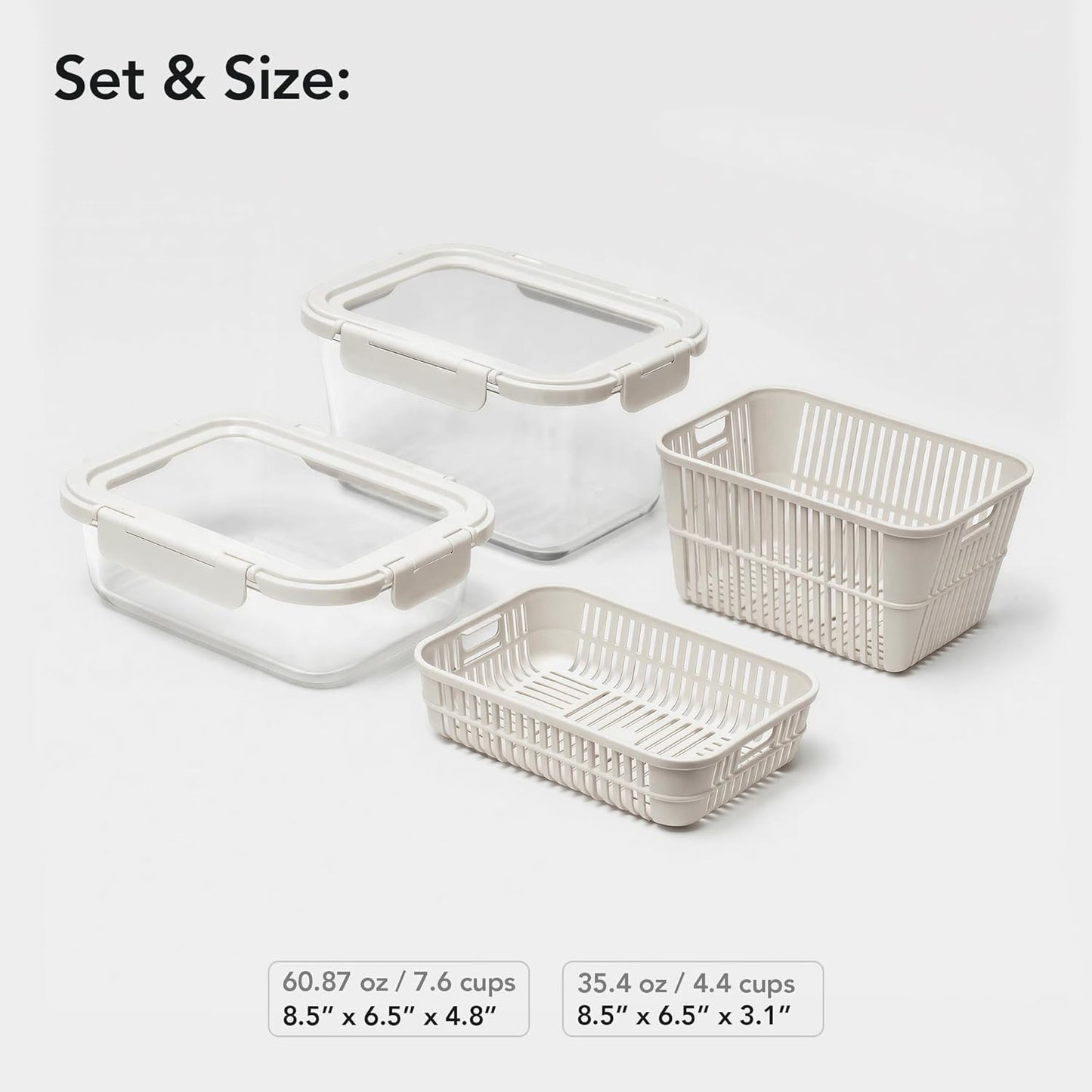 Glass Produce Storage Containers for Fridge, 2-Pack – Airtight Fruit & Vegetable Containers with Removable Colanders, Flexible Silicone Lids,LeakProof, BPA-Free Borosilicate Glass