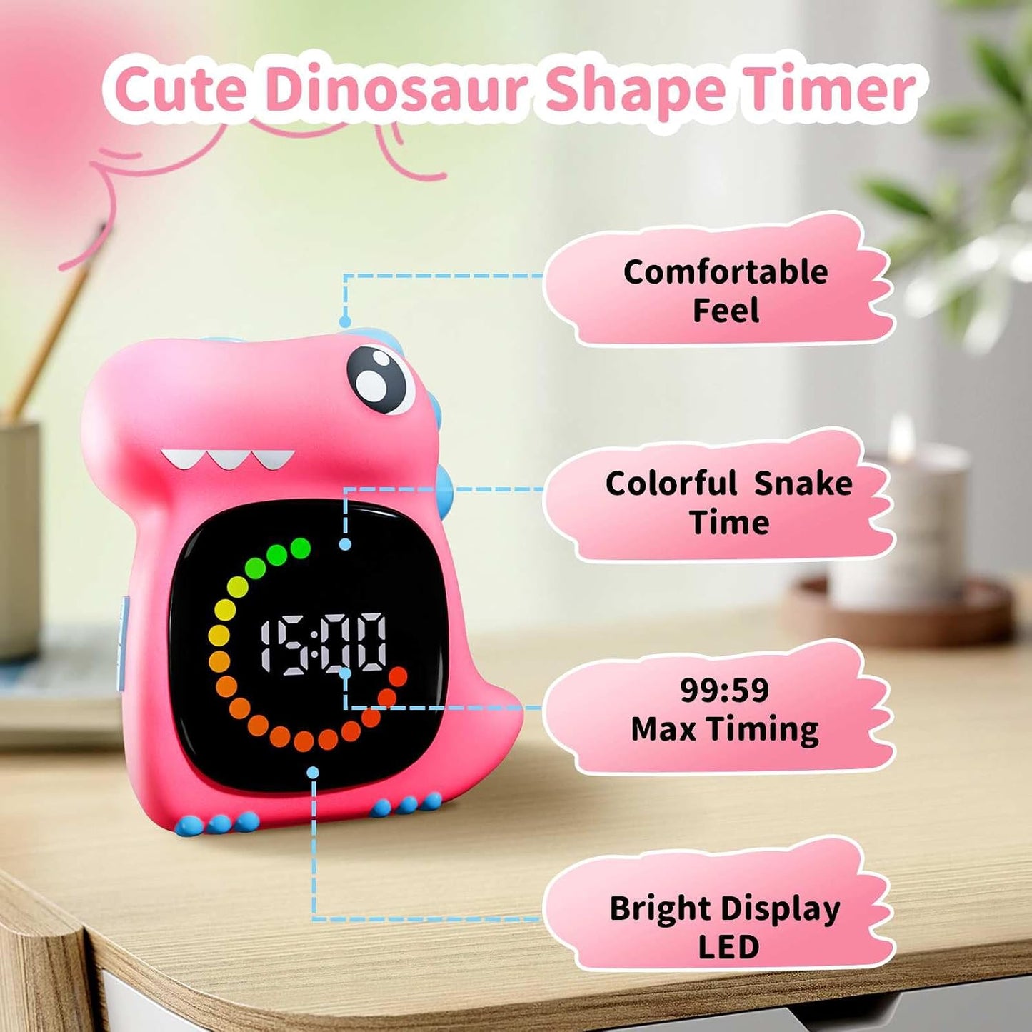 Pink Dinosaur Visual Timer for Kids, Girls Potty Training Timer | Color Countdown, Rechargeable, LED Screen, 99 Minute, Toddler, Children, Transition, 2-Min Toothbrush Setting, Hand Washing