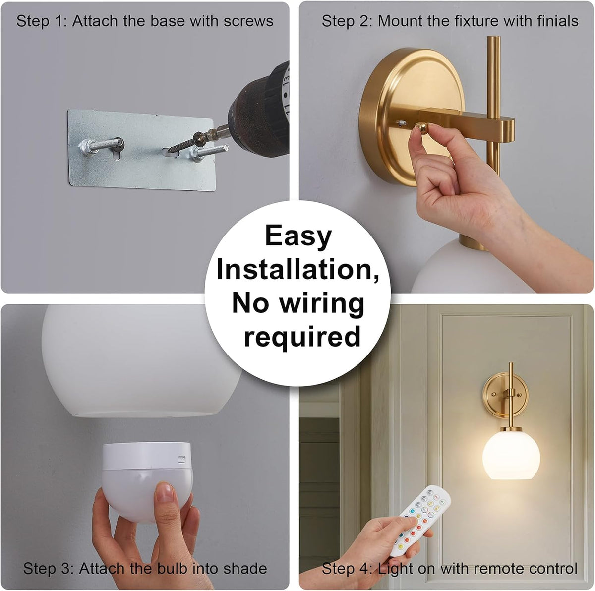 Wireless Wall Sconces with Remote Control, Battery Operated Wall Sconce Set of 2, Black & Gold Rechargeable Dimmable Wall Light for Bedroom Living room Bathroom Hallway Entryway Stairwell, 3000K