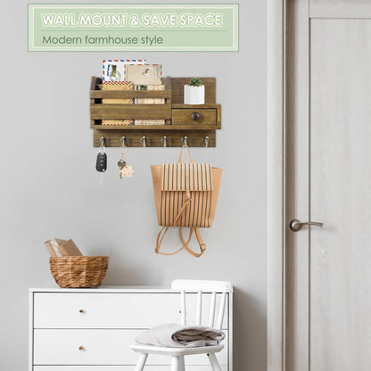 VIS'V Key Holder Wall Mount, Wooden Mail and Key Organizer, White | Contains Little Drawer, Small Shelf, 2 Slots, 6 Hooks, for Entryway, Hallway, Doorway, Kitchen, Garage, RV
