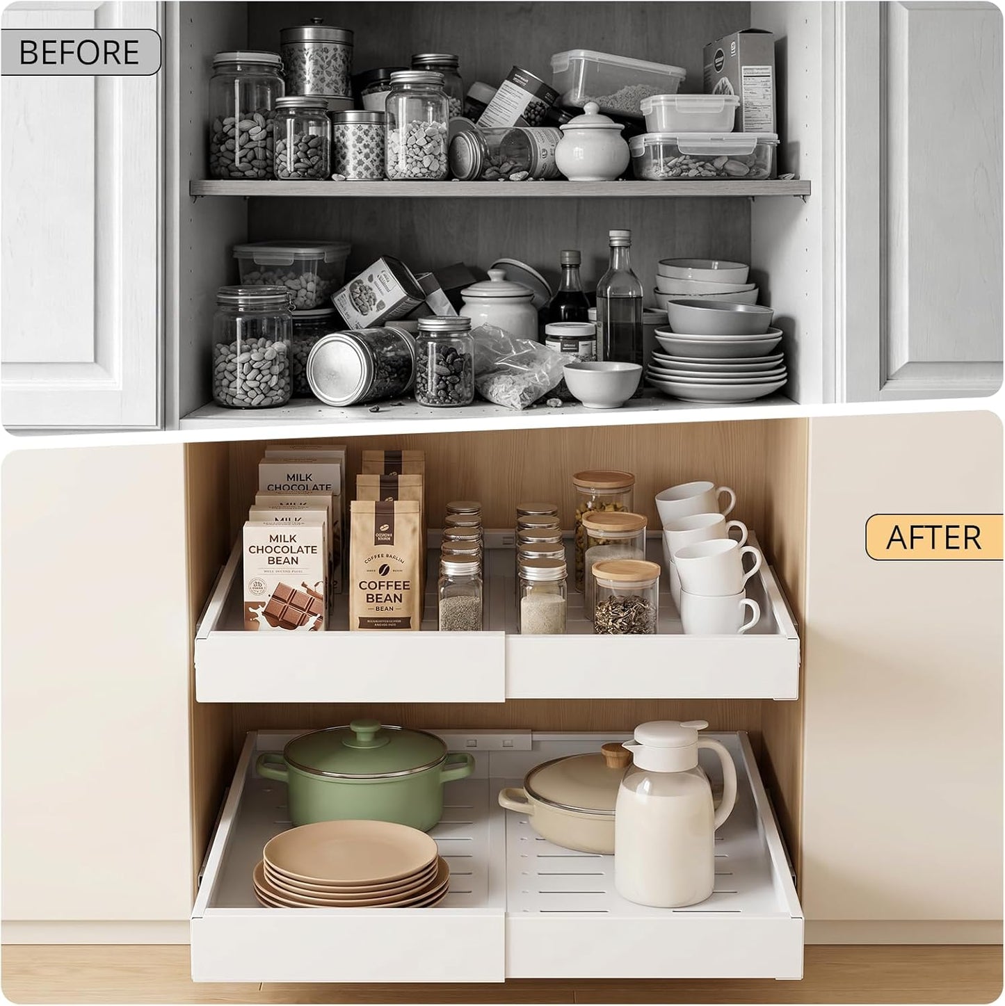 DOMNIU Pull Out Cabinet Organizers Expandable,White,16.9"Depth,2 Pack | Slide Out Drawers for Kitchen, Bathroom, Pantry, Under Sink Storage, Fixed with Adhesive Nano Film (11.6''-17.5'')