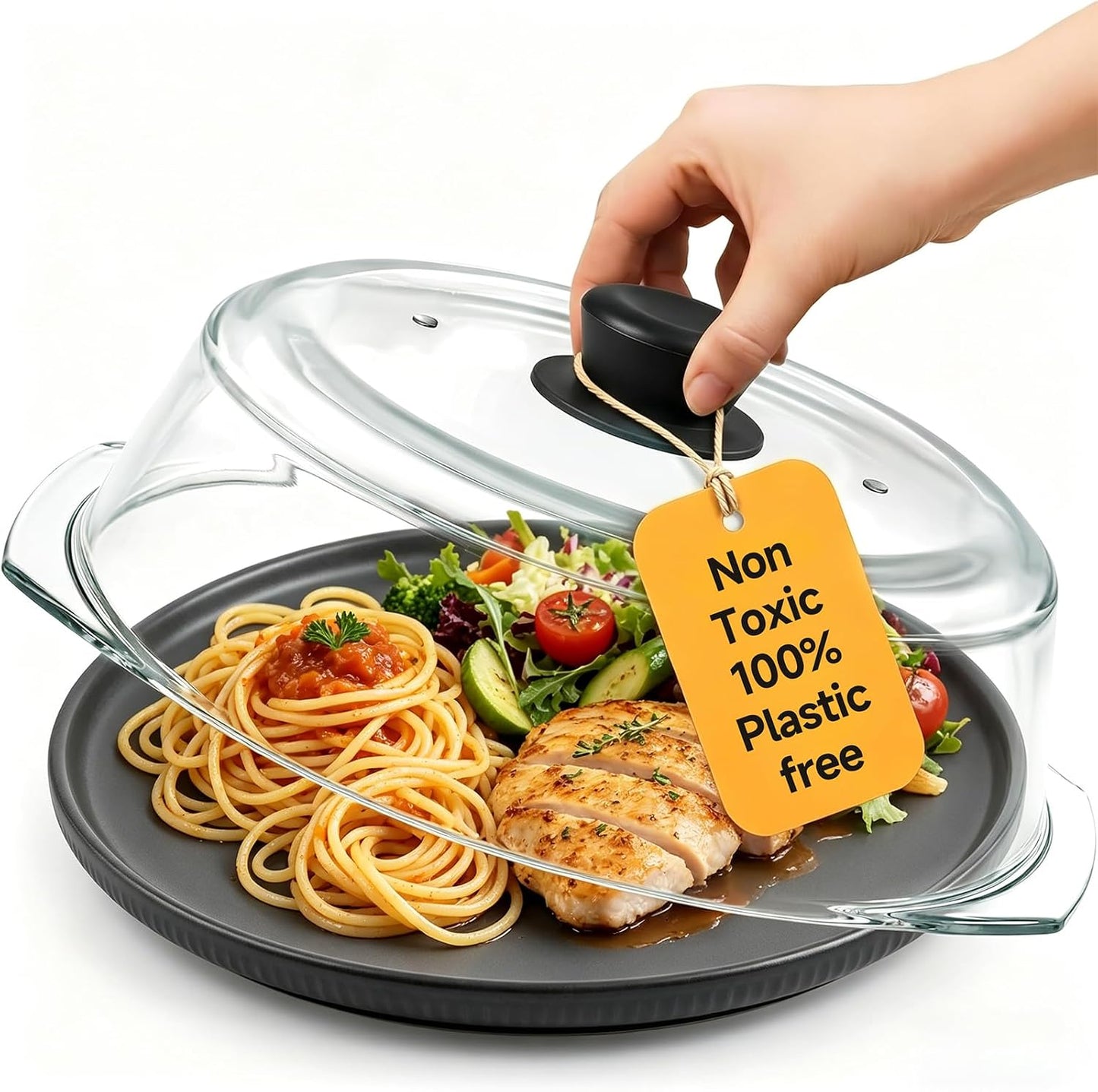 10" Tall Glass Microwave Splatter Cover with Silicone Handle, Borosilicate Glass Microwave Cover for Food, 2 Steam Vents, Dishwasher Safe & BPA-Free