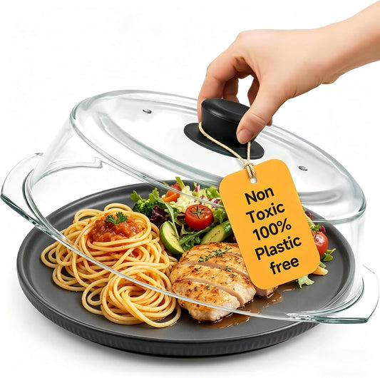 10" Tall Glass Microwave Splatter Cover with Silicone Handle, Borosilicate Glass Microwave Cover for Food, 2 Steam Vents, Dishwasher Safe & BPA-Free