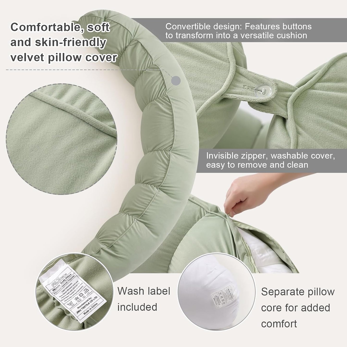 Peallow(Pat. Pend) – Long Round Body Pillow for Adults, Bolster Pillow for Sleeping, Soft and Supportive Pillow for Sleeping & Lumbar Support (Green-White, 29.5")