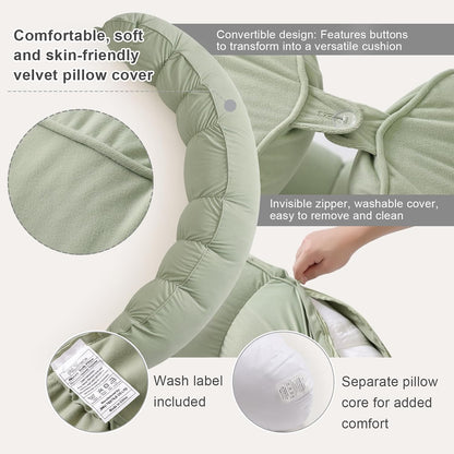 Peallow(Pat. Pend) – Long Round Body Pillow for Adults, Bolster Pillow for Sleeping, Soft and Supportive Pillow for Sleeping & Lumbar Support (Green-White, 29.5")