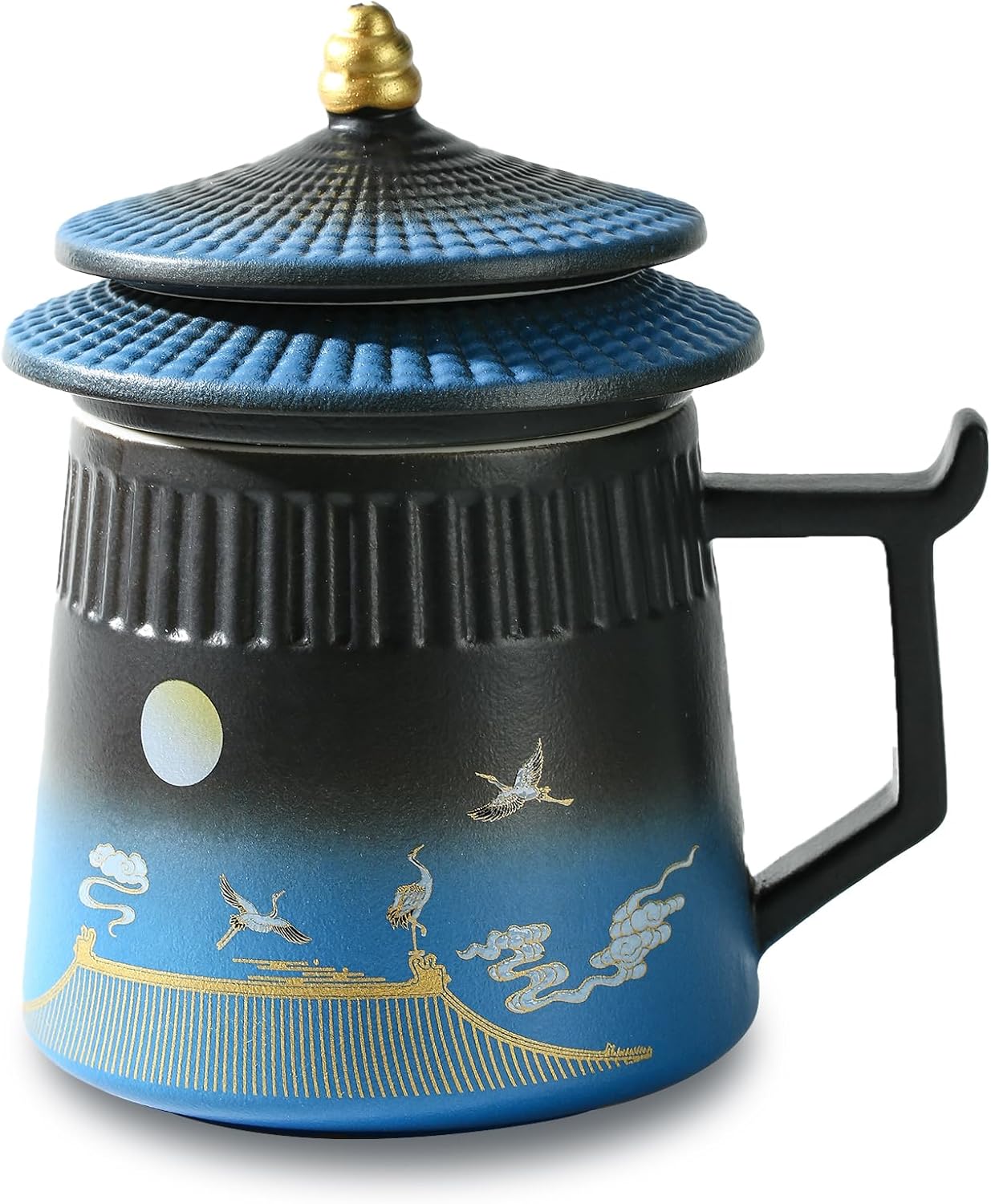 Loose Leaf Tea Cup with Infuser and Lid, 14.8oz Chinese Ceramic Mug with Fine Mesh Strainer, Office Steeping Cup for Tea Lovers Gifts