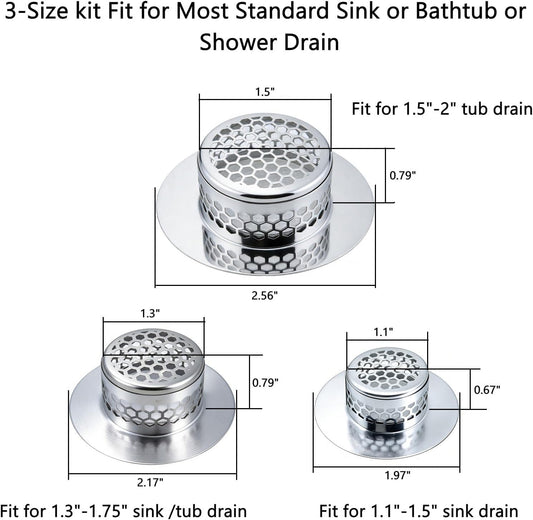 Bathroom Drain Strainers (Set of 3 Sizes), Hair Catcher for Bathroom Sink Bathtub Shower Floor Drain, Stainless Steel Filter Trap Fit Drain Hole from 1.2” to 2.17”