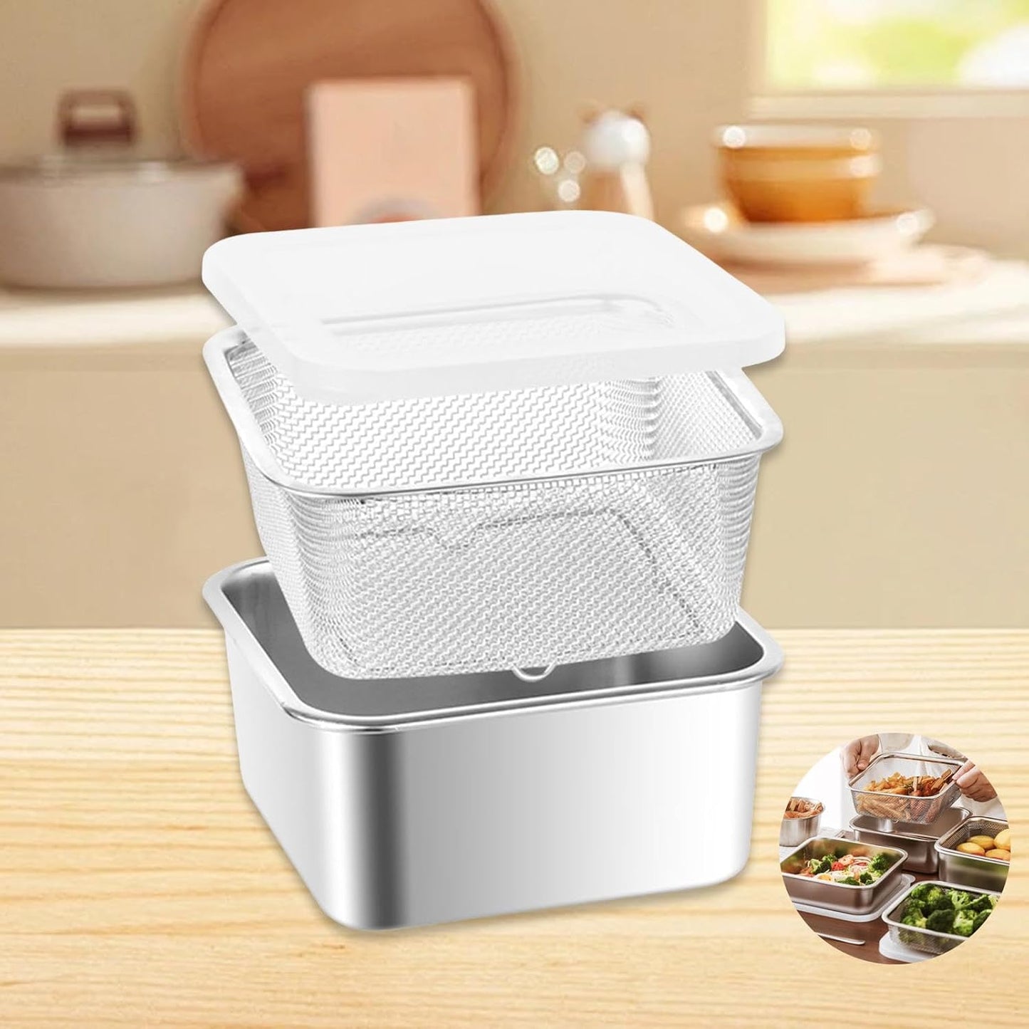 Stainless Steel Food Container with Strainer Colander Set Fridge Organizer Bin Multifunctional Kitchen Drain Basket for Lettuce Fruits, Vegetables, 1500ml