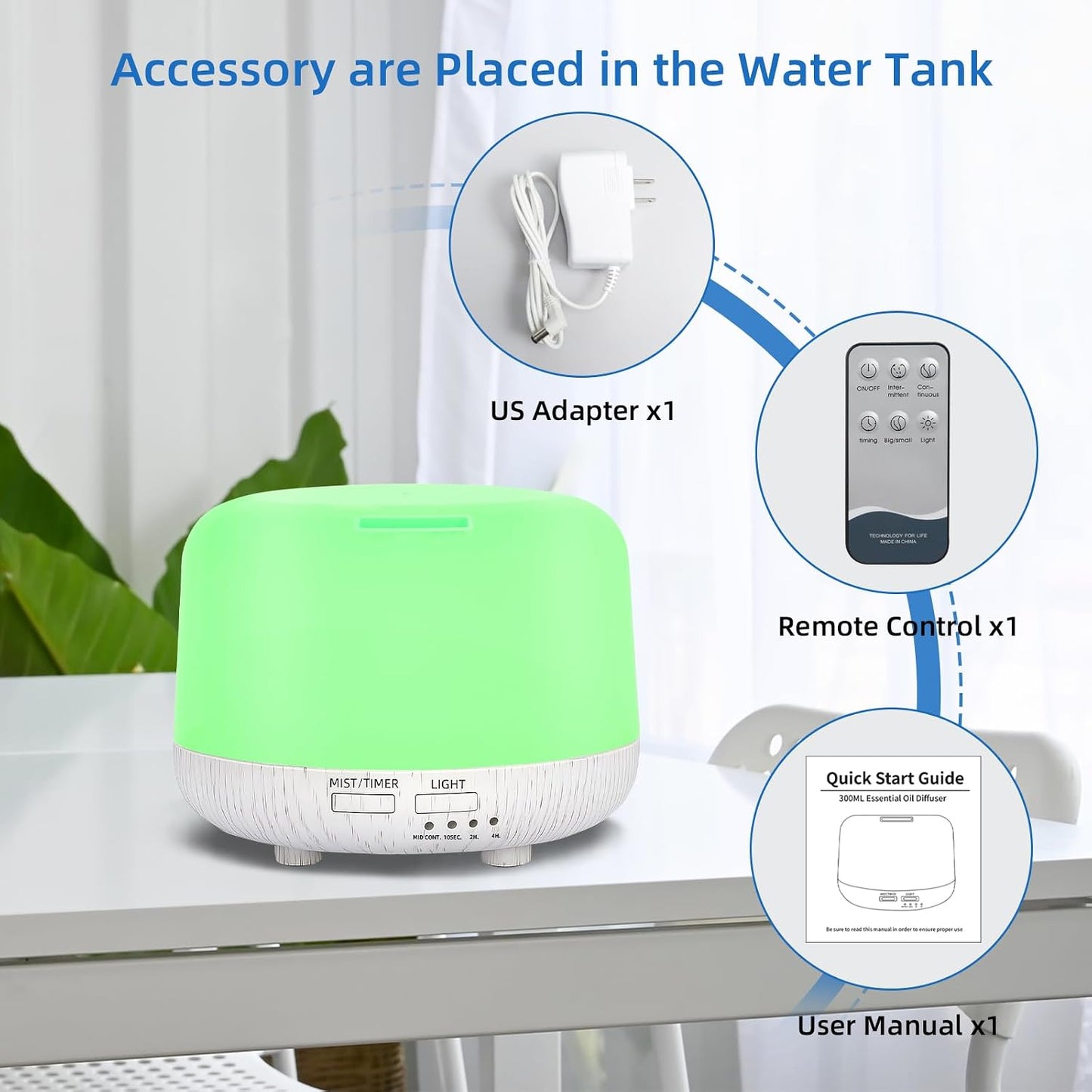 SPLITSKY 300ml Ultrasonic Essential Oil Diffuser with Remote Control | 7-color LED lighting, 2 mist modes, 2H and 4H timers, and waterless auto shut-off for bedrooms, desks and offices.