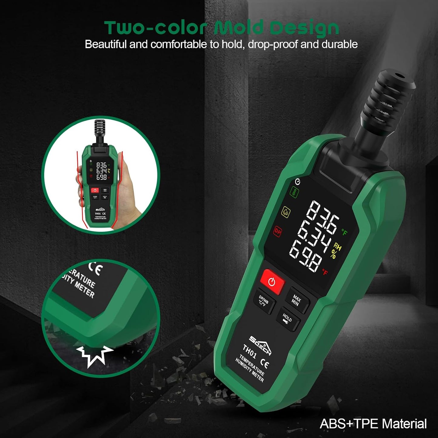 SQECH Temperature Humidity Meter Digital Hygrometer Psychrometer HVAC | Hydrometer Monitor with Ambient Thermometer, Dew Point, Wet Bulb, Flashlight, Max/Min, Data Hold, Color Backlight