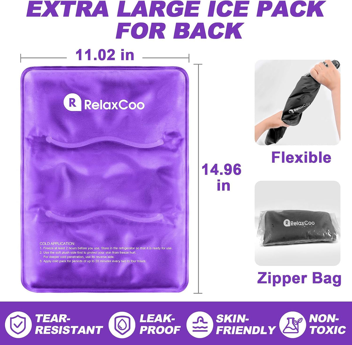 RelaxCoo Large Flexible Ice Pack for Injuries Reusable Gel, 11x14.5 Inches, Cold Compress for Hip, Shoulder, Knee, Back Pain, Swelling, Bruises, Surgery