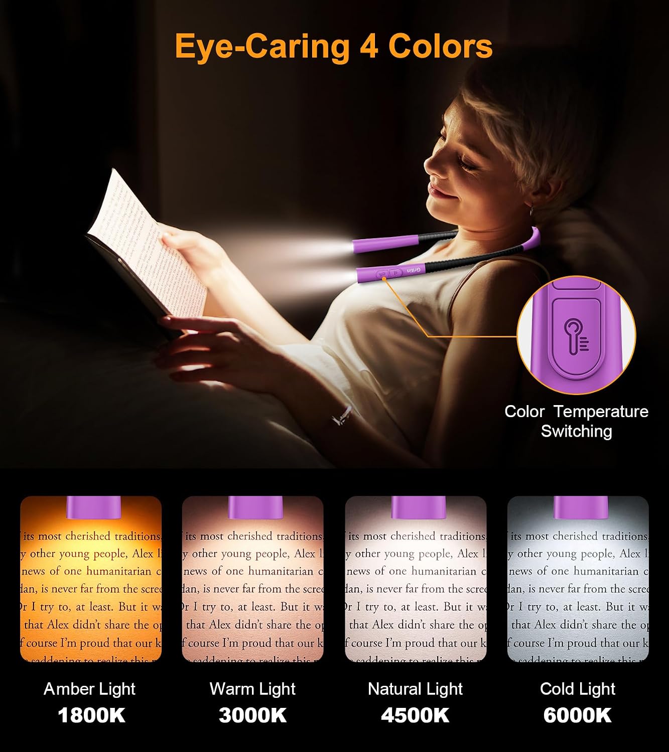 Gritin Book Light, Eye Caring 4-Color&5-Brightness Neck Light Reading Light | Stepless Dimming, 30-min Timer, 80+ Hrs Runtime, Bendable Round Neck Design, Lightweight for Reading, Knitting, Repairing