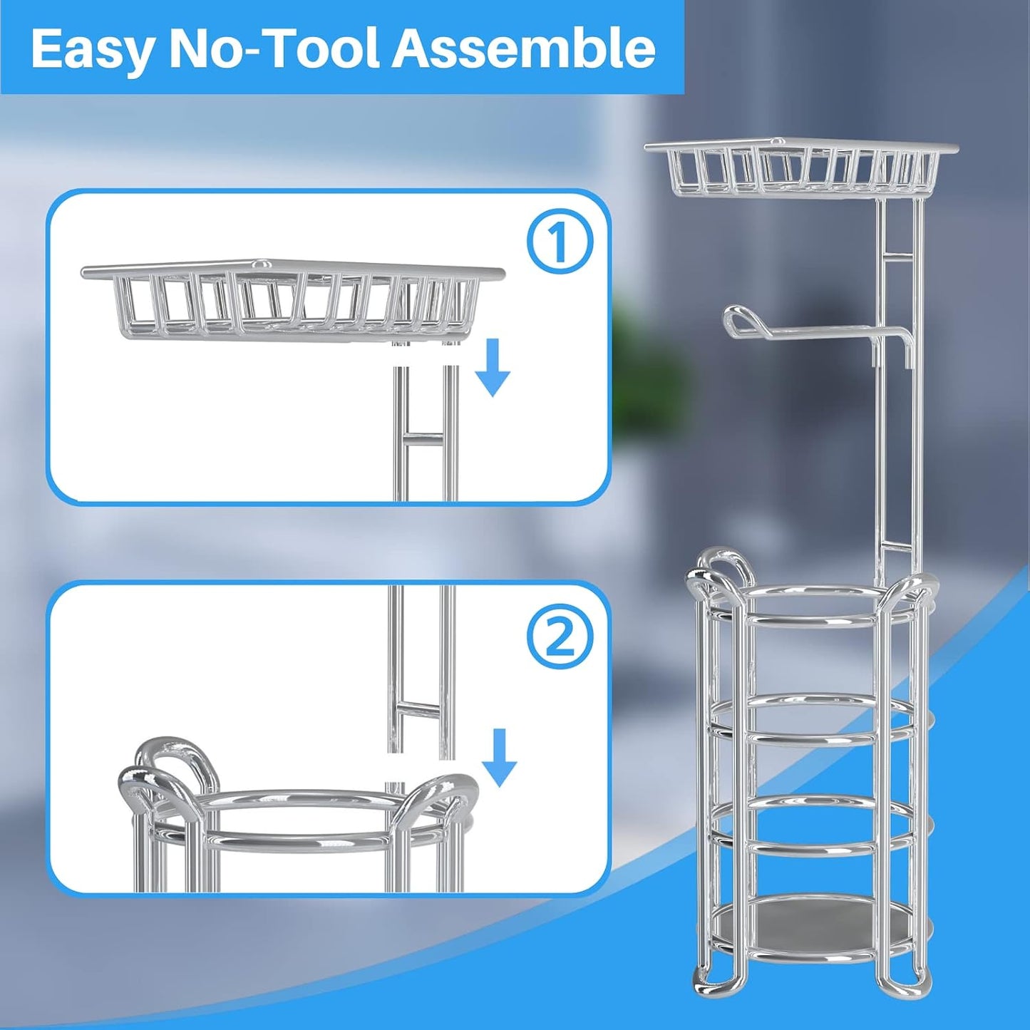 Toilet Paper Holder Stand with Shelf, Free Standing Tissue Roll Storage Rack with Dispenser for Bathroom, Black