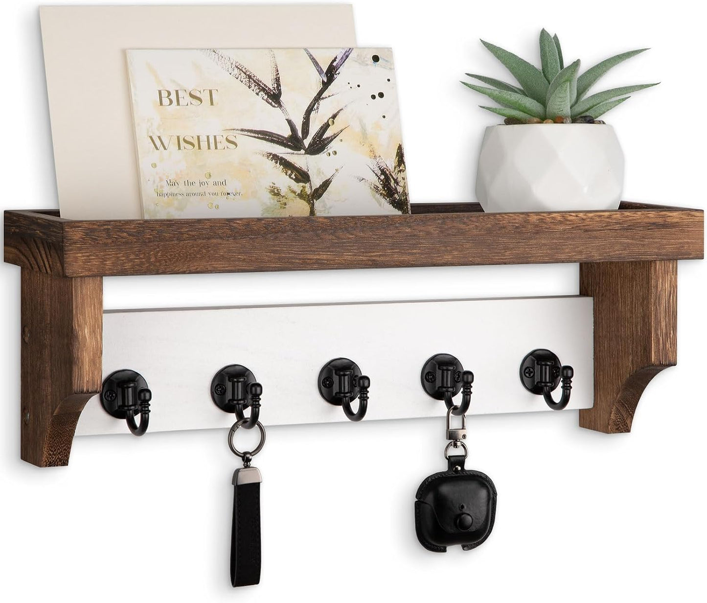 Key and Mail Holder Wall Mount, Mail Organizer with 5 Key Hooks | Key Holder with Shelf, Key Holder for Coat, Dog Leash, Home Decor Rack, Entry Way Organizer