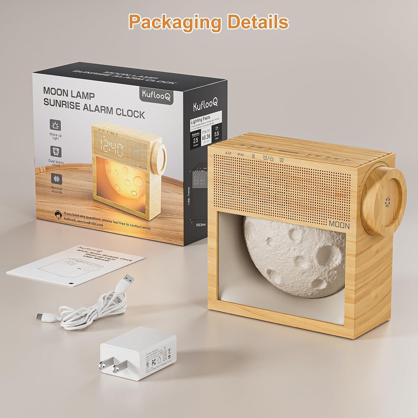 Sunrise Alarm Clock with Sound Machine,White Noise Sound Machine with Night Light for Adults,Kids,Dimmable Moon Lamp for Bedroom,20 Soothing Sounds,Dual Alarms,Snooze, Digital Clock,Wood Grain