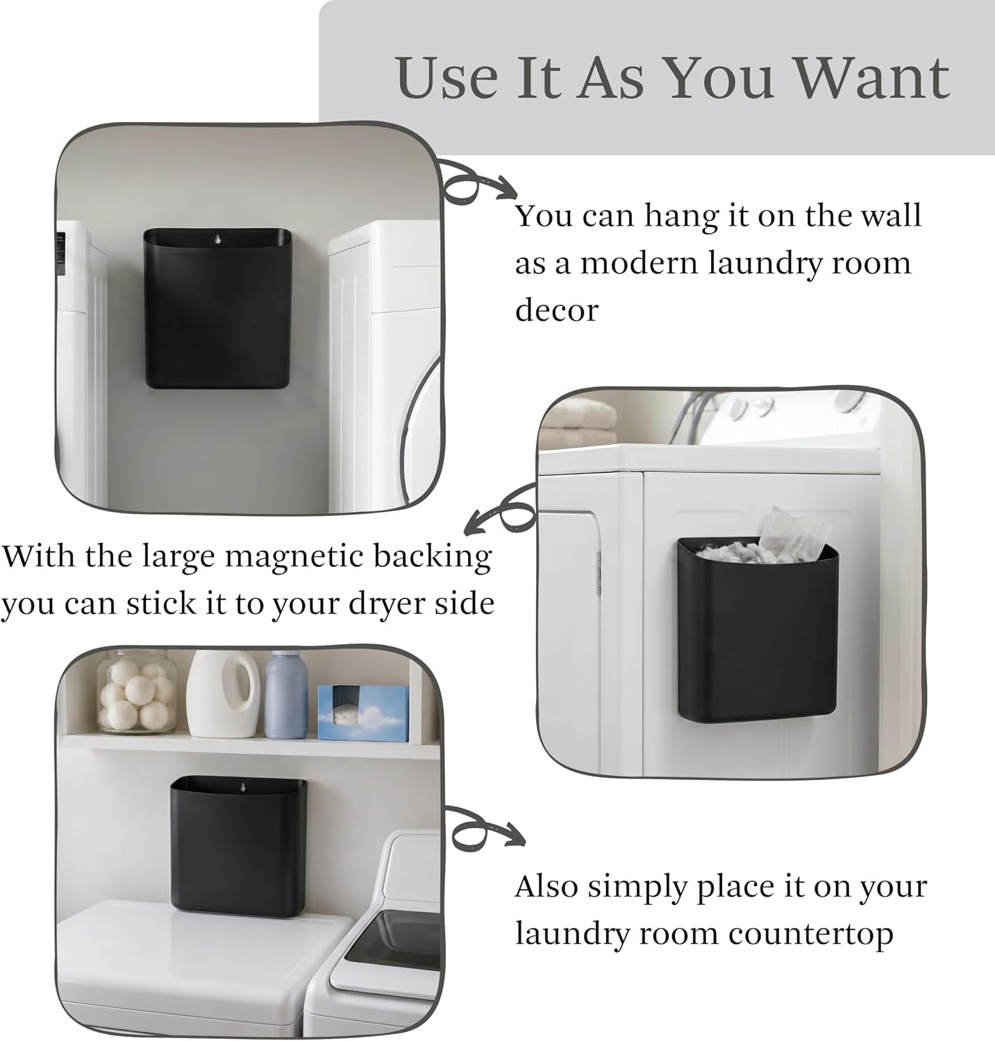 MONJITA Lint Bin for Laundry Room, Magnetic Lint Trash Can for Dryer, Modern Lint Holder, Lint Box for Laundry Room Organization, Wall Mounted Trash Can for Laundry Decor (Black)
