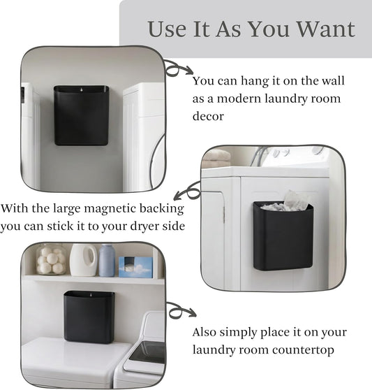 MONJITA Lint Bin for Laundry Room, Magnetic Lint Trash Can for Dryer, Modern Lint Holder, Lint Box for Laundry Room Organization, Wall Mounted Trash Can for Laundry Decor (Black)
