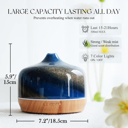 Porseme 500ml Glass Essential Oil Diffuser Aromatherapy Ultrasonic Cool Mist Humidifier 15-21 Running Hours Waterless Auto-Off Air Diffusers for Sleeping Yoga Working Spa(Light Blue)