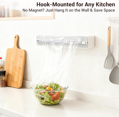 Plastic Wrap Dispenser with Cutter - Magnetic Plastic Wrap Dispenser for Kitchen & Home, Refillable Food Cling Wrap Holder, Easy to Attach to Refrigerator, Fits 12" Rolls, Smooth Cutting Design