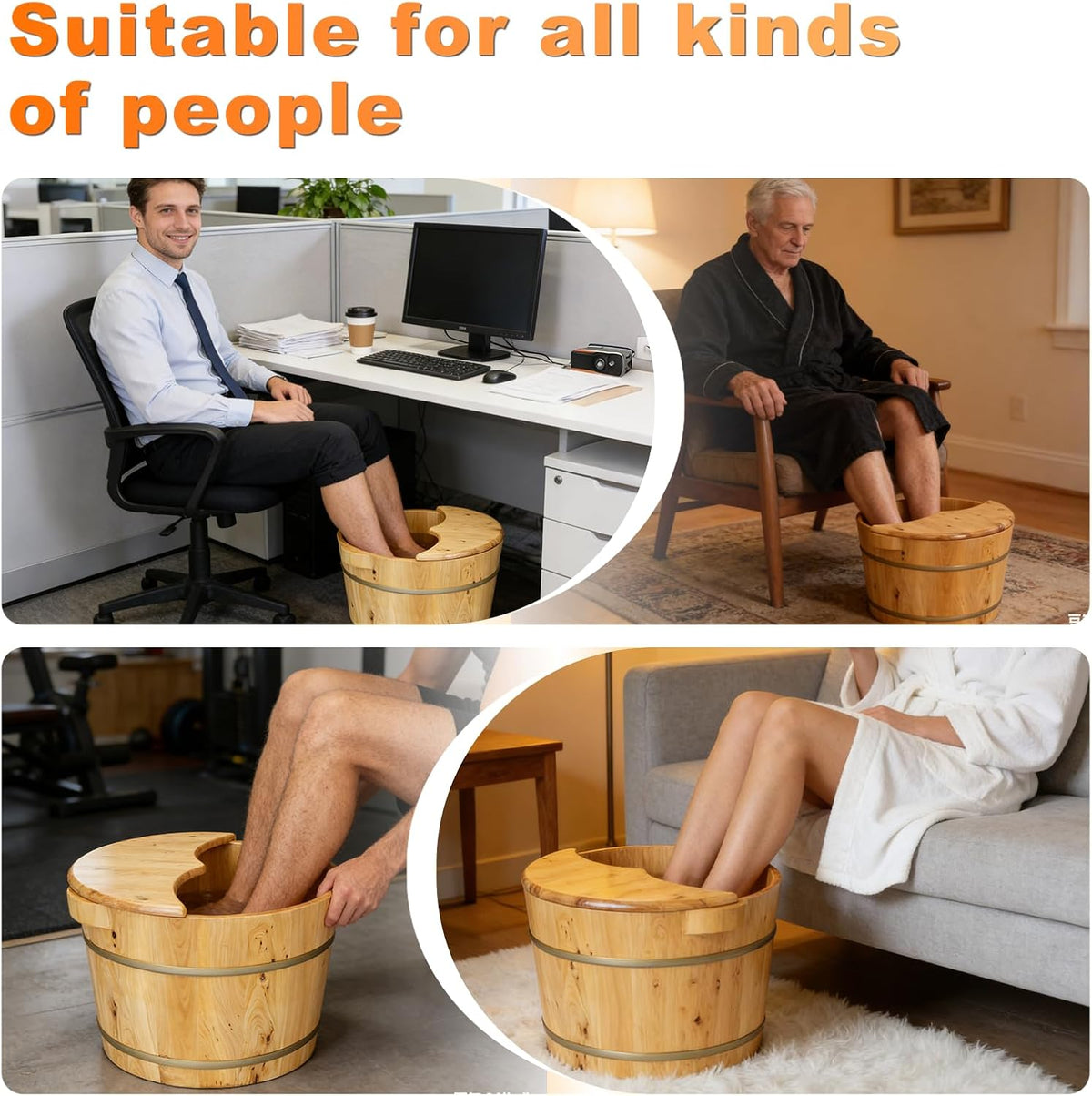 tonchean 15.74in*12.2in*10.23in Wooden Foot Bath Bucket, Thick Insulated Wooden Foot Basin with Massage Roller and Lid Foot Wash Bucket for Foot Bath, Massage, Spa Suitable for All Ages