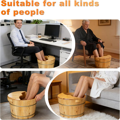 tonchean 15.74in*12.2in*10.23in Wooden Foot Bath Bucket, Thick Insulated Wooden Foot Basin with Massage Roller and Lid Foot Wash Bucket for Foot Bath, Massage, Spa Suitable for All Ages