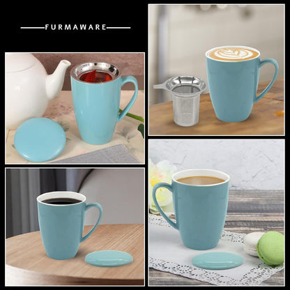 PorcelainTea Mug, 15oz Ceramic Tea Infuser Cup with Cooling Handle & Strainer, Microwave and Dishwasher safe Steeping Cup for Tea lovers, Christmas, Birthday and Mother’s Day (Turquoise)